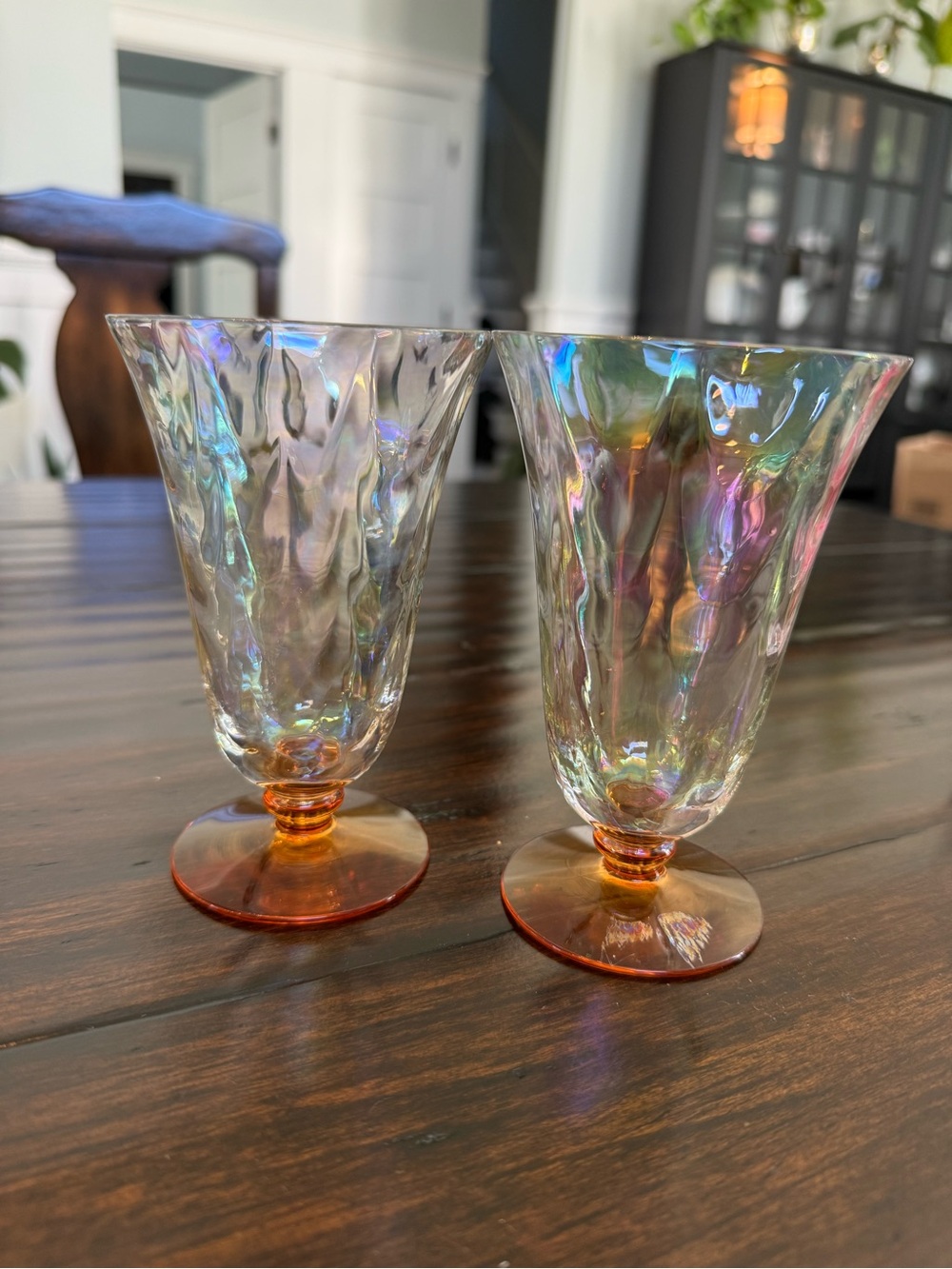 Iridescent Footed Glasses - Amber Base (Set of 2) Fostoria - Picture 2 of 6